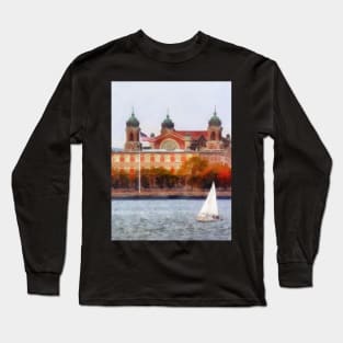 Manhattan NY - Sailboat by Ellis Island Long Sleeve T-Shirt